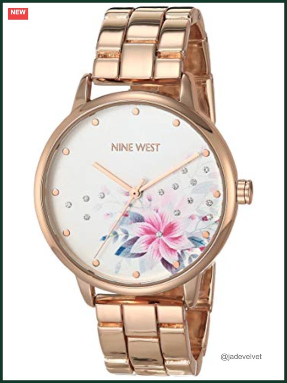 Nine West Crystal Accented Bracelet Watch Rose Gold-Tone Adjustable Link